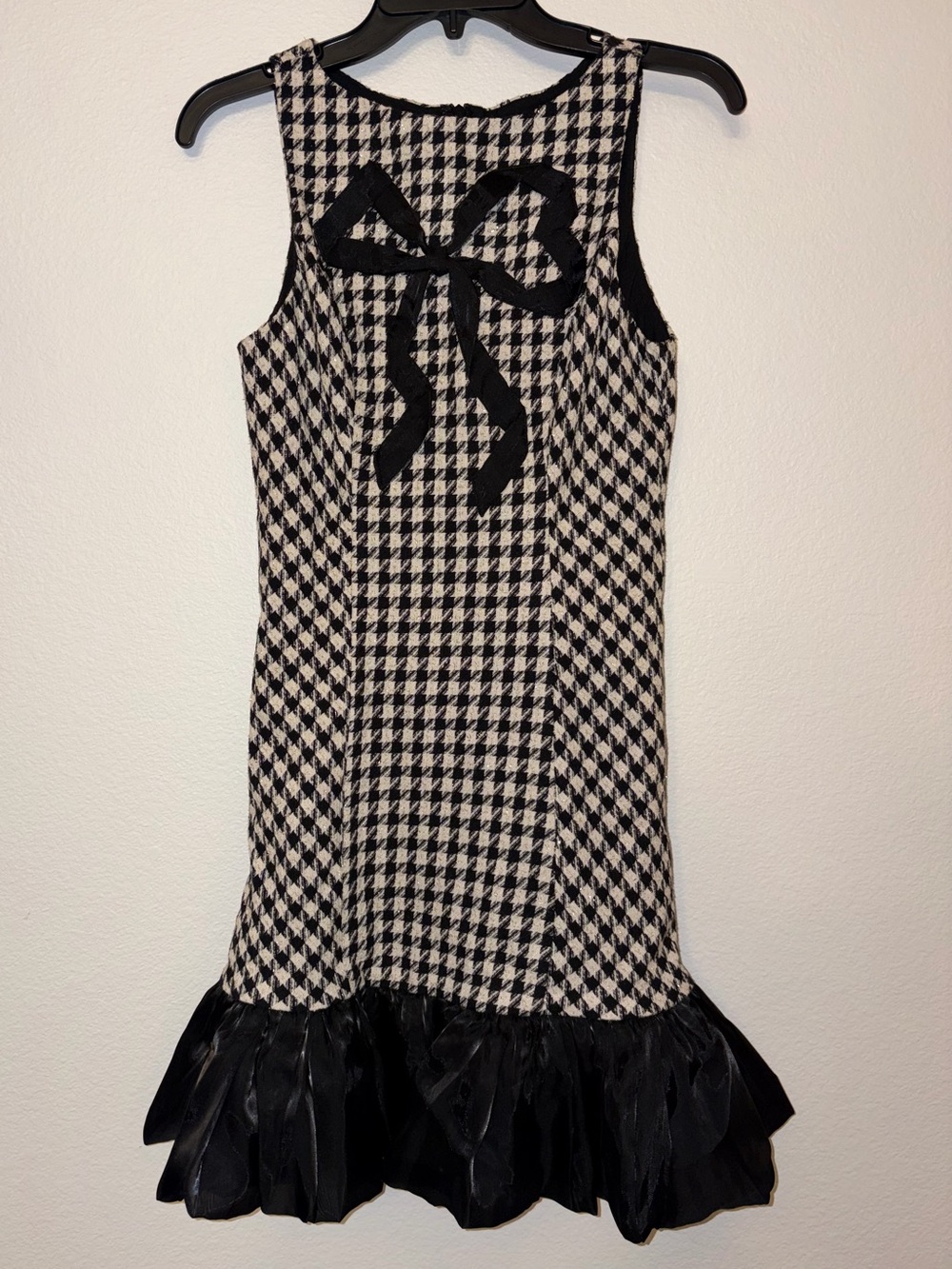 NWT En Saison Houndstooth Tweed Bow Mini Dress Black White Size S